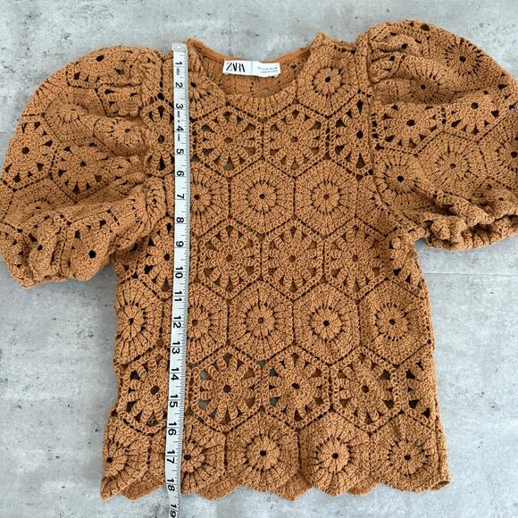 Zara crochet knit top puffy sleeves burnt orange/brown color Womens size small - Picture 5 of 7